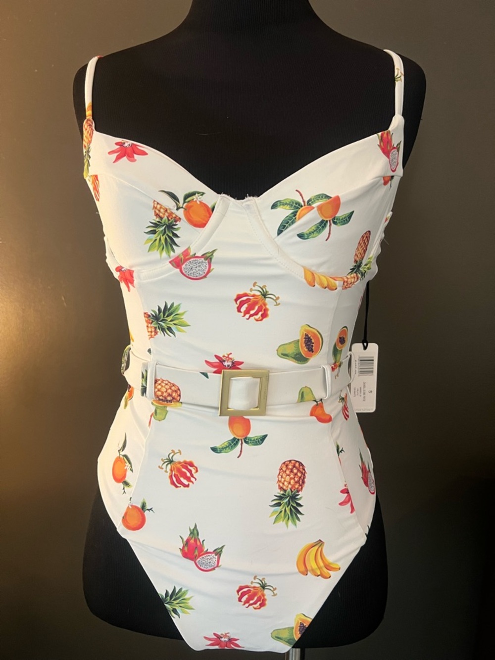 WeWoreWhat White One-Piece Swimsuit with Fruit Print and Belt